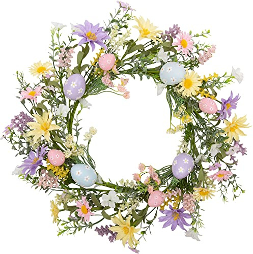 VGIA 18 Inch Pastel Egg Easter Wreath with Wild Flowers for Front Door Spring Decorations