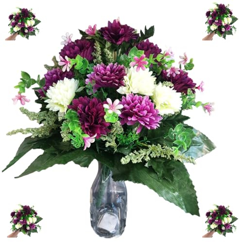 Mr. Barry’s 41 cm Artificial Cemetery Bouquet – UV-Resistant Chrysanthemum Memorial Flowers with Wired Stems for Graves, Funerals & Garden Displays (Purple, Lilac, Cream)