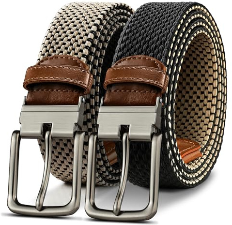 KEMISANT Braided Belt Reversible,Elastic Stretch Belt for Gift Men Golf Casual 1 3/8,2 In 1 Belt(Black/Beige,36-40 Waist Adjustable)