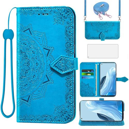 Asuwish Funda para OPPO Find X5 Lite/Reno 7 5G con Cuerda y Cristal Templado Protector de Pantalla Soporte Tarjetero Cuero Libro Cartera Carcasa X 5 X5Lite/Reno7 CPH2371 Wallet Phone Cover Case Azul