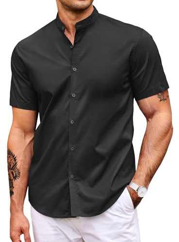 COOFANDY Men's Short Sleeve Button Down Shirt Muscle Fit Mandarin Collar Shirts Business Casual Outfits Black XL
