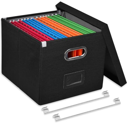 Umtiti Ablageboxen mit Deckel,Upgrade Hängemappenbox aus Faserplatte und Papier in stilvoller Leinenoptik，schwarz,FGBK-S-DE