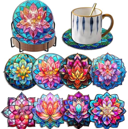 Bellatoi 8 Pcs Posavasos Diamond Painting de Flores, Posavasos con Pintura Diamantes con Soporte, Posavasos de Pintura de Diamantes 5D para Tazas, Copas Vino, Jarrones, Regalo del día de San Valentín
