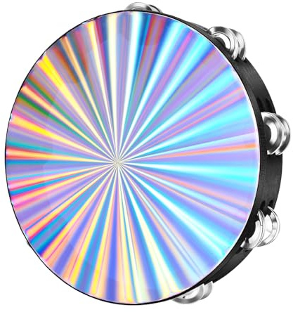 Flexzion Wood Church Tambourine Instrument - 10 Inch Reflective Hand Drums Tambourine Adults, Single Row Metal for Church, Parties, & Musical Events