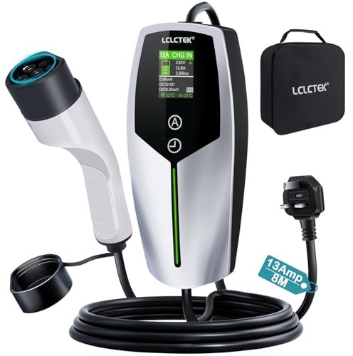 LCLCTEK® 3KW EV Charger Cable Type 2 to 3 Pin Plug 8-meter,Portable UK 3 Pin EV Charger,Electric Car Charger [6/8/10/13A],EV Car Charger with LED Display,IP65 Waterproof,Type 2 Cable EVs and PHEV