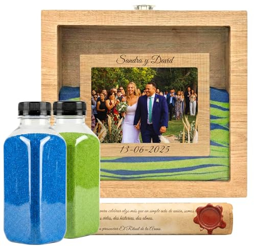 NIRALIS Pack Cerimonia Sabbia Matrimonio Personalizzato Legno di Quercia | Sabbie Colorate 2 barattoli da 800 g | Portafoto 10x15 cm | Personalizzabile con Data e Nomi degli Sposi (Rovere, Sabbie