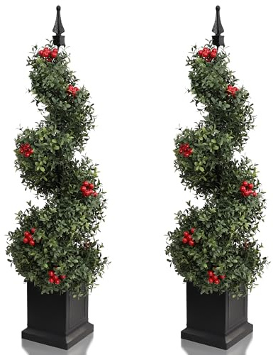 Alberi artificiali a spirale di bosso, 90 cm, arte topiaria finta, arte topiaria realistica, cespugli/arbusti decorativi in vaso con frutti rossi, per decorare esterni/interni, portico o giardino