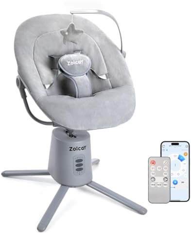Zoicay Elektrisk Babygunga med 3 Lägen & 5 Hastigheter | Justerbart Säte 5-punktssele Fjärrkontroll & Bluetooth Timer & Musik 0–9 Månader (Grå)
