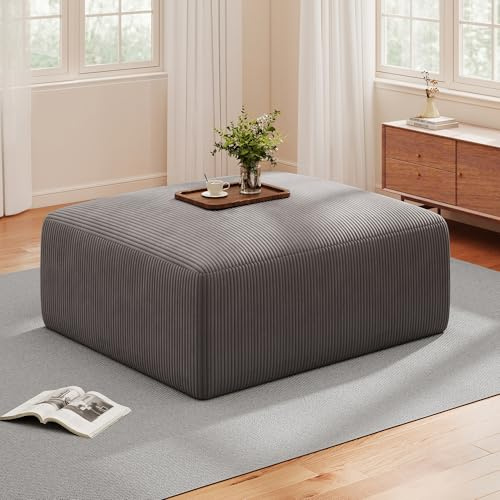 40 Oversized Square Corduroy Ottoman Pouf - Poofy Soft Foot Rest with Foam Chunk Filling, Movable Large Ottoman Pouf Footstool for Living Room Sofa Couch Bedroom, Grey(1 Piece)