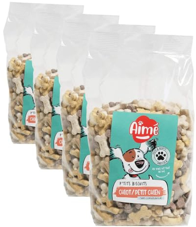 Aimé | Biscuits Petits Os 500g | Nourriture et Supplément Quotidien à Base de Calcium destiné au Chiot et Petit Chien | Récompenses, Friandises sans Conservateurs (Lot de 4)