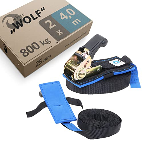 valonic Wolf - 2X 4m cincha de Amarre con trinquete, 25mm, 800 Kg, Acolchado, Certificado TÜV Rheinl. / GS, EN-12195-2 - Negro, Correas de Agarre para Fijar Cargas, Cinta tensora para Sup o Kayak