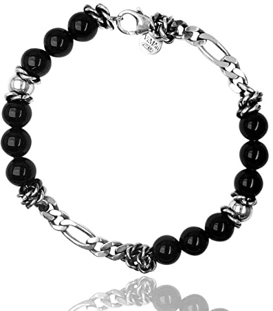 ViMon Bracciale da uomo in argento vero 925, palline nere, catena cubana a maglie alternate.