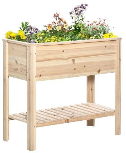 Outsunny Huerto Urbano Elevado con Estante Mesa Jardinera de Cultivo de Madera con Tela no Tejida para Cultivos Plantas Flores Jardín 90x40x81 cm Natural