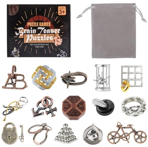 Holzsammlung 15 Stück Knobelspiele Metall, Metallpuzzle Metallknobellei Geduldsspiele IQ Spiele Geduldspiel, Metal Puzzle Geschicklichkeitsspiel Spielzeug Geschenk Set für Erwachsene Jugendliche