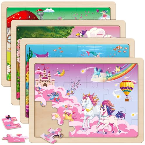 SYNARRY Licorne Sirène Princesse Fée Puzzle en Bois Enfant pour 3 4 5 6 Ans, Puzzles de Licorne Sirène Princesse de 4×24 Pièces, Jouets Cadeaux pour Enfants de 3 à 8 Ans Garçons Filles