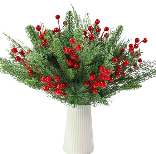 Vellibring 60 PCS Artificial Pine Branches Christmas Faux Pine Greenery Stems Red Holly Berries Fake Cedar Pine Needles Picks for Christmas Tree Wreath Garland DIY Crafts Holiday Home Decoration