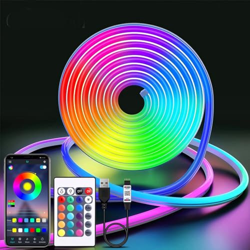 LRGBST 2M RGB Neon Streifen，5V IP65 Wasserdicht LED neon Light band with Bluetooth App and Fernbedienung für Home Dekoration Beleuchtung