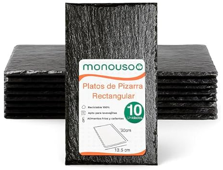 Monouso | 10 Platos de Imitación Pizarra Rectangular, 30x15,8cm, Tablas de Pizarra en PS para Servir Aperitivos, Bandeja para Alimentos, Antideslizante, Reciclable, Apto para Lavavajillas