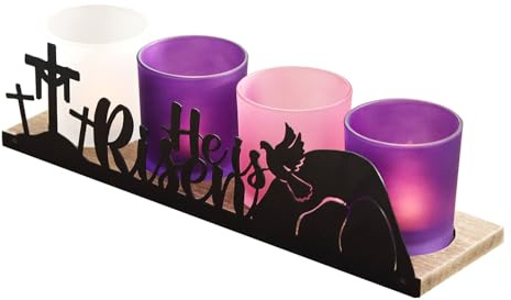SYFURNIX He is Risen Easter Decor, 4 Glass Votive Tealight Candle Holders & 1 Wooden Tray, Easter Religious Decor for Church Event Pray Table Centerpiece, Christian Gift