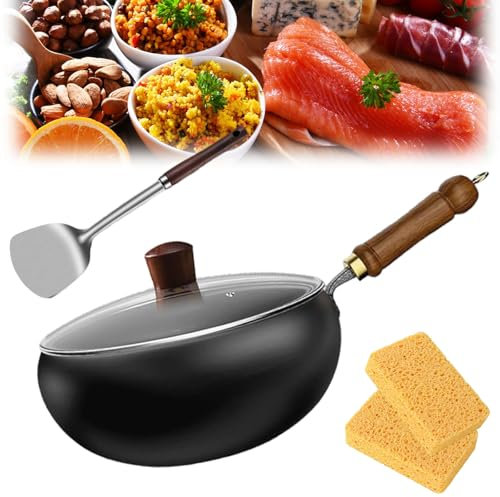 Uornwz Schwere Gusseisen-Bräter Unbeschichtet Eisenpfanne, 24/28cm Japanische Eisenpfanne Mit Holzdeckel, Behälter Aus Hochreinem Eisen, Handgeschmiedete Antihaftbeschichtete Wok (24cm-Glasabdeckung)