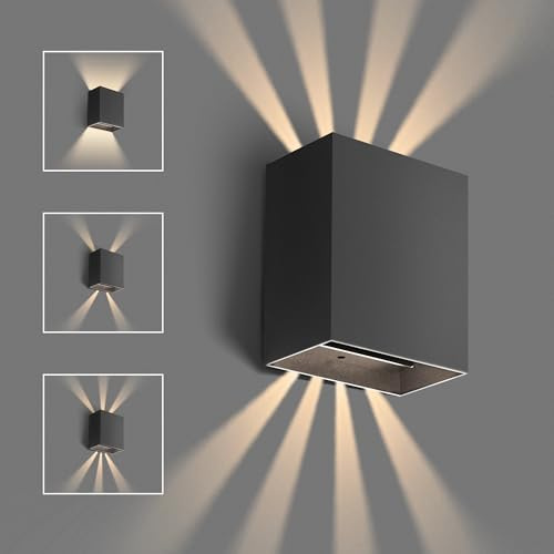 auralab Applique Murale Extérieure Intérieure, Lampe Murale en Aluminium Moderne Noir, Applique Murale LED Angle de Faisceau Réglable, 6W 4000K, IP65 Étanche pour Porche, Patio, Jardin, Chambre, Carré