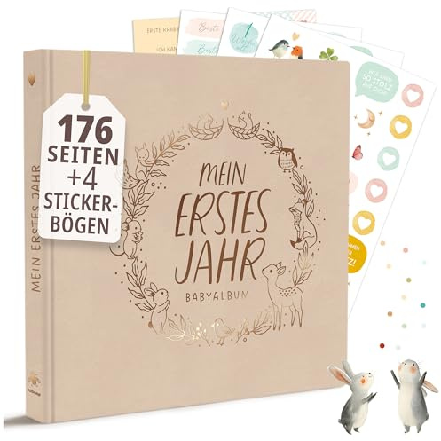 Mein erstes Jahr Babyalbum + Stickerset I PREMIUM Baby Fotoalbum mit Goldprägung I 176 Seiten zum Ausfüllen I Baby Geschenk für Mädchen und Junge I Geschenk zur Geburt & Babyparty (Leinen)