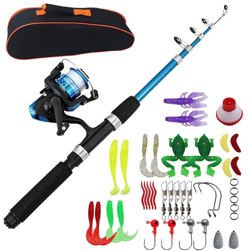 Kit de pêche pour enfants - 1,5 m - Kit de pêche pour enfants avec moulinet - Kit de pêche complet - Bleu - Pour mer, rivière et plage - Pour enfants de 3 à 10 ans