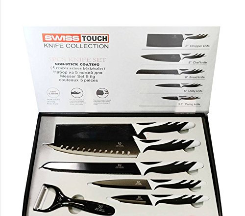 SET 5 CUCHILLOS Y PELADOR ACERO INOXIDABLE ESMALTADO CERAMICA CHEF COCINA PELAR