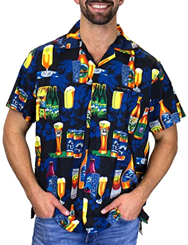 V.H.O. Funky Camisa-Hawaiana, Manga-Corta, Beerbottle, Negro, XXL