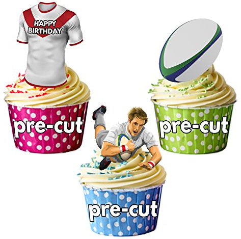 AK Giftshop PRECUT Happy Birthday Rugby Party Pack - Edible Cupcake Toppers/Cake Decorations St Helens Colours (Pack of 12)