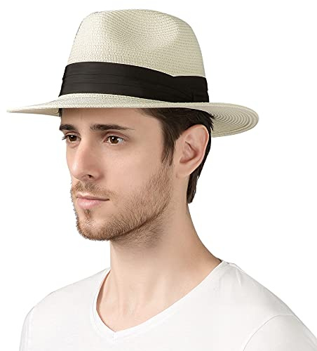 Lanzom Summer Beach Sun Hats for Men Women Foldable Travel Packable Staw Hat, Wide Brim Hat (Style B-Ivory White, Large Size:Fit for 23-23.6)