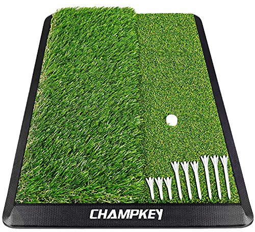 CHAMPKEY Dual-Turf Golf Hitting Mat | Come with 9 Golf Tees & 1 Rubber Tee | Heavy Duty Rubber Backing Golf Practice Mat Ideal for Indoor & Outdoor Training（13x17, LITE Version）