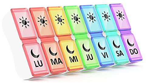 Pastillero Semanal Español 2 Tomas, Jaduoher Pequeño Organizador Medicamentos 7 Dias Diaria con 14 Compartimentos - Muticolor (Multicolor) (Multicolor)