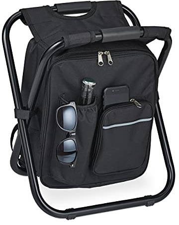 Relaxdays Campinghocker mit Tasche, klappbar, tragbar, leicht, stabil, HBT 42x35x29 cm, Sitzrucksack, Polyester, schwarz