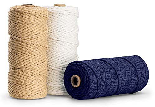 Navaris Makramee Garn 3er Set - Baumwollschnur für DIY Projekte Wandteppich Traumfänger - Baumwolle Baumwollkordel - weiß dunkelblau beige