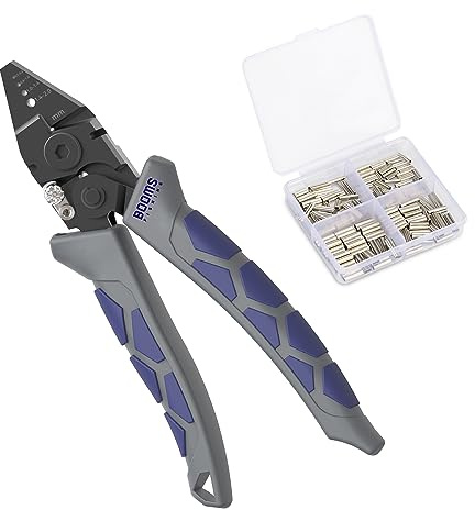 Booms Fishing CP4 Wire Crimping Tool with Cutter, Effort-saving Fishing Crimping Pliers, High Carbon Steel Fishing Plier Wire Rope Leader Crimper Tool, 7 inch Crimpers Swager with 140pcs Sleeves
