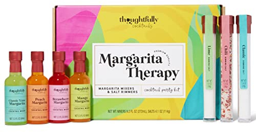 Thoughtfully Cocktails, juego de regalo de cóctel Margarita, mezcladores individuales premedidos, incluye 4 mezcladores de margarita afrutadas y 3 sales de borde saborizadas, juego de 7 (sin alcohol)