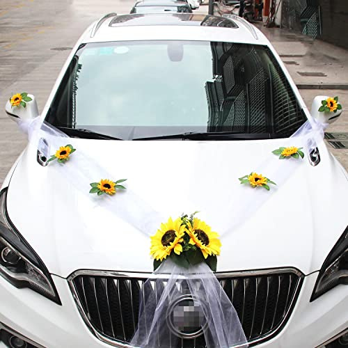Organza bilsmycken bröllop, bröllop bil bildekoration girlang, bilsmycken brud par solros dekoration, bröllop bildekoration blomdekoration, bröllopssmycken för bröllop engagerad fest, vit B