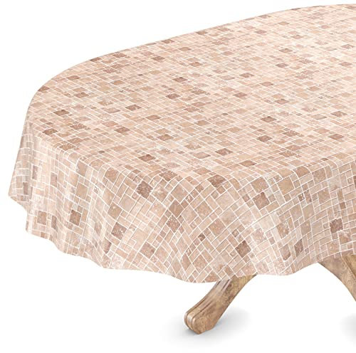 Wachstuchtischdecke Wachstuch Vinyl abwischbar Wachstischdecke Tischdecke Oval 140 x 200cm Schnittkante Fliesen Beige