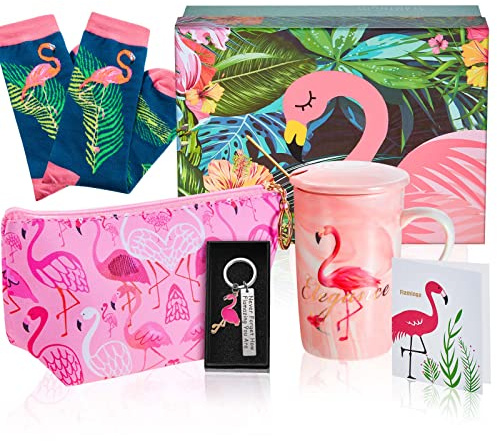 Nuenen 5 Stück Flamingo Geschenke Set für Damen mit Keramik Flamingo Kaffeetasse Rosa Kosmetiktasche Reise Makeup Beutel Federmäppchen Socken Schlüsselanhänger Grußkarte Geschenkbox für Freundin