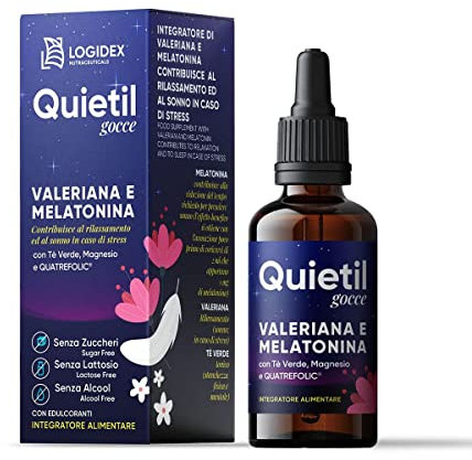 Quietil Gocce – Integratore per Dormire con Melatonina, L‑Teanina, 5‑HTP, Magnesio, Valeriana e Folato Quatrefolic – Gocce Senza Alcol per Sonno Profondo, Ansia e Stress – 30 ml - Logidex