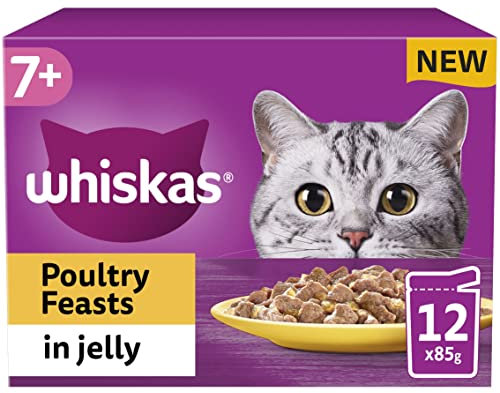 WHISKAS - 7+ Senior Wet Cat Food Pouches - 12 x 85g - Poultry - Bulk Cat Food - 12 Pouches