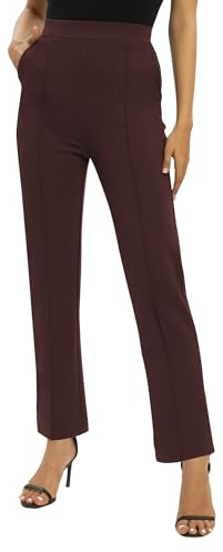 EXCHIC Mujeres Oficina Casual Piernas Rectas Trabajo Pantalones Elástica Cintura Pantalones con Bolsillos(S, Coco)