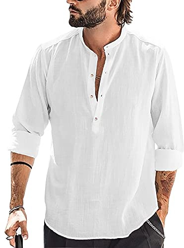 Runcati Men's Cotton Linen Shirt Long Sleeve Shirt Stand-Up Collar Beach Shirt Summer Shirt Elegant Shirts