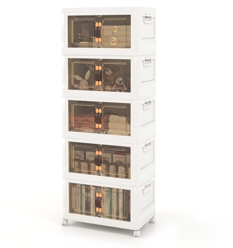 COSTWAY Boîte Rangement Plastique 360L, 5 Caisses Empilables+1 Couvercle Supérieur, 4 Roulettes, Boite de Rangement Empilable pour Vêtement, Livres, Jouets, Poignée, Porte Magnétique (360L)