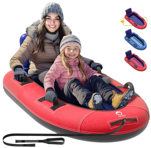 QPAU Snow Sled with Premium Canvas Cover, 2 Person Inflatable Heavy Duty Snow Tube with Reinforced Handles, Snow Sleds for Kids and Adults, Winter Toboggan Outdoor Toys Gifts for Family (Red&Blue)