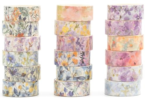 Songdao Blommor Washi Tape set 18 rullar dekorativ tejp färgglad för scrapbooking, bullet dagbok, planerare, presentförpackning (avender Dream)