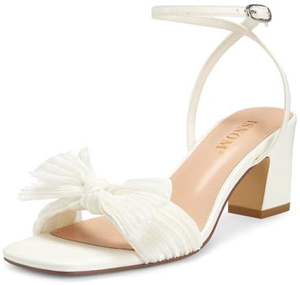 ISNOM Women's Bow Knot Heeled Sandals Ankle Buckle Strap Open Toe Block Chunky Heel Bride Wedding Party Fashion Heels (White Size9.5)