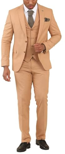 Men's Suit Camel 3 Piece Lightweight Linen Summer Wedding Formal Dress Suits - Camel 46