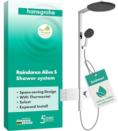 hansgrohe Raindance Alive S - vattenbesparande Duschsystem (EcoSmart) med termostat, Regndusch (300 mm), Duschset med handdusch, duschslang, duschstång och huvuddusch (2 stråltyper), krom, 24596000